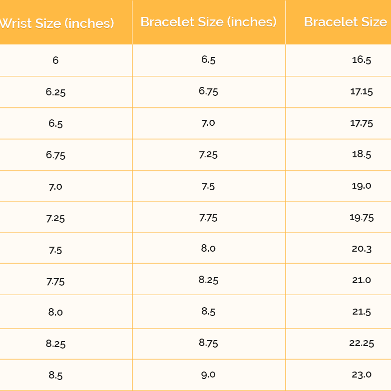 standard bangle size chart cm
