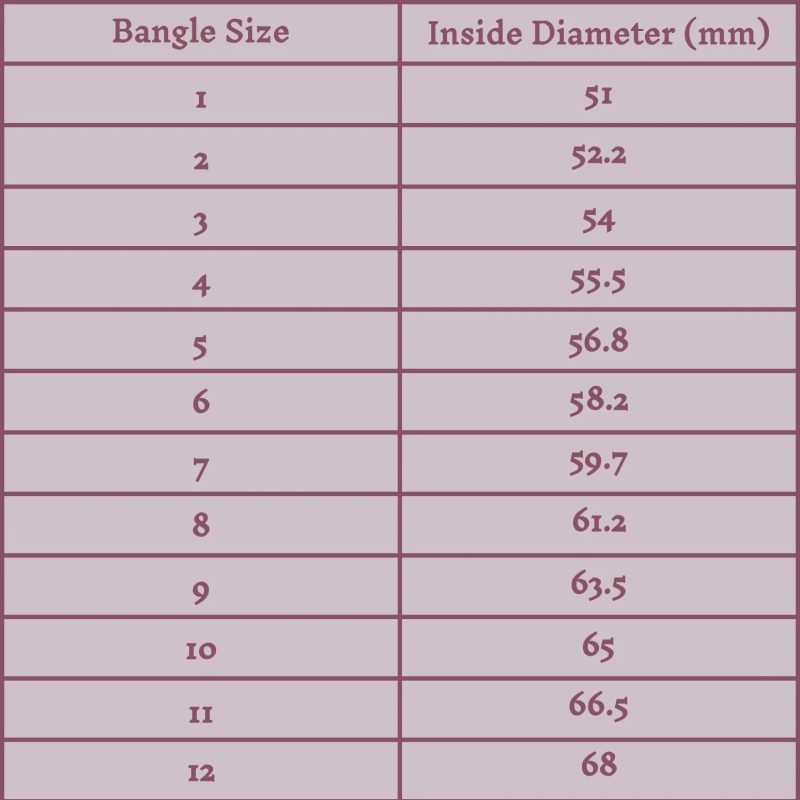 standard bangle size chart cm